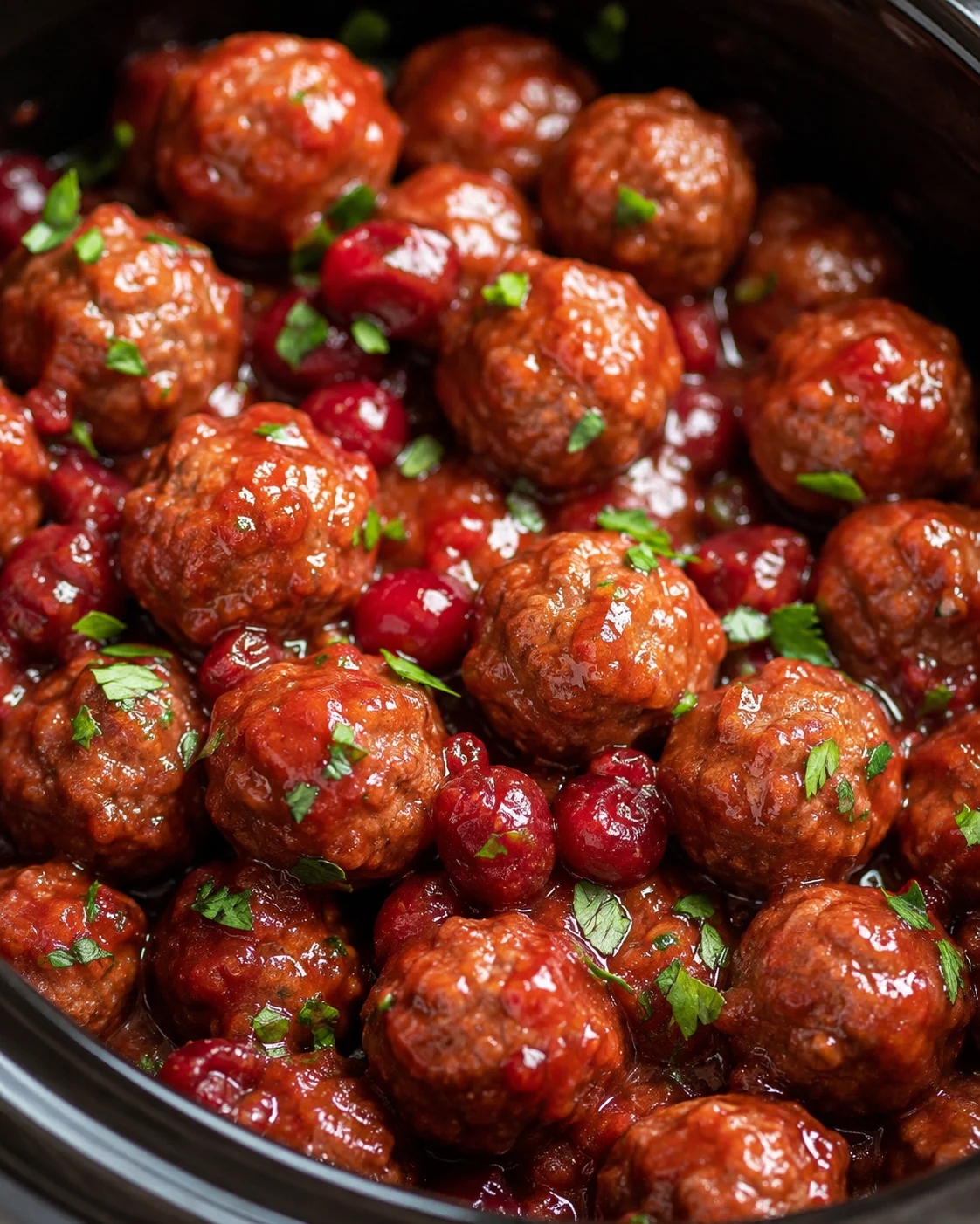 Slow-cooker filled with glossy cranberry meatballs and whole cranberries