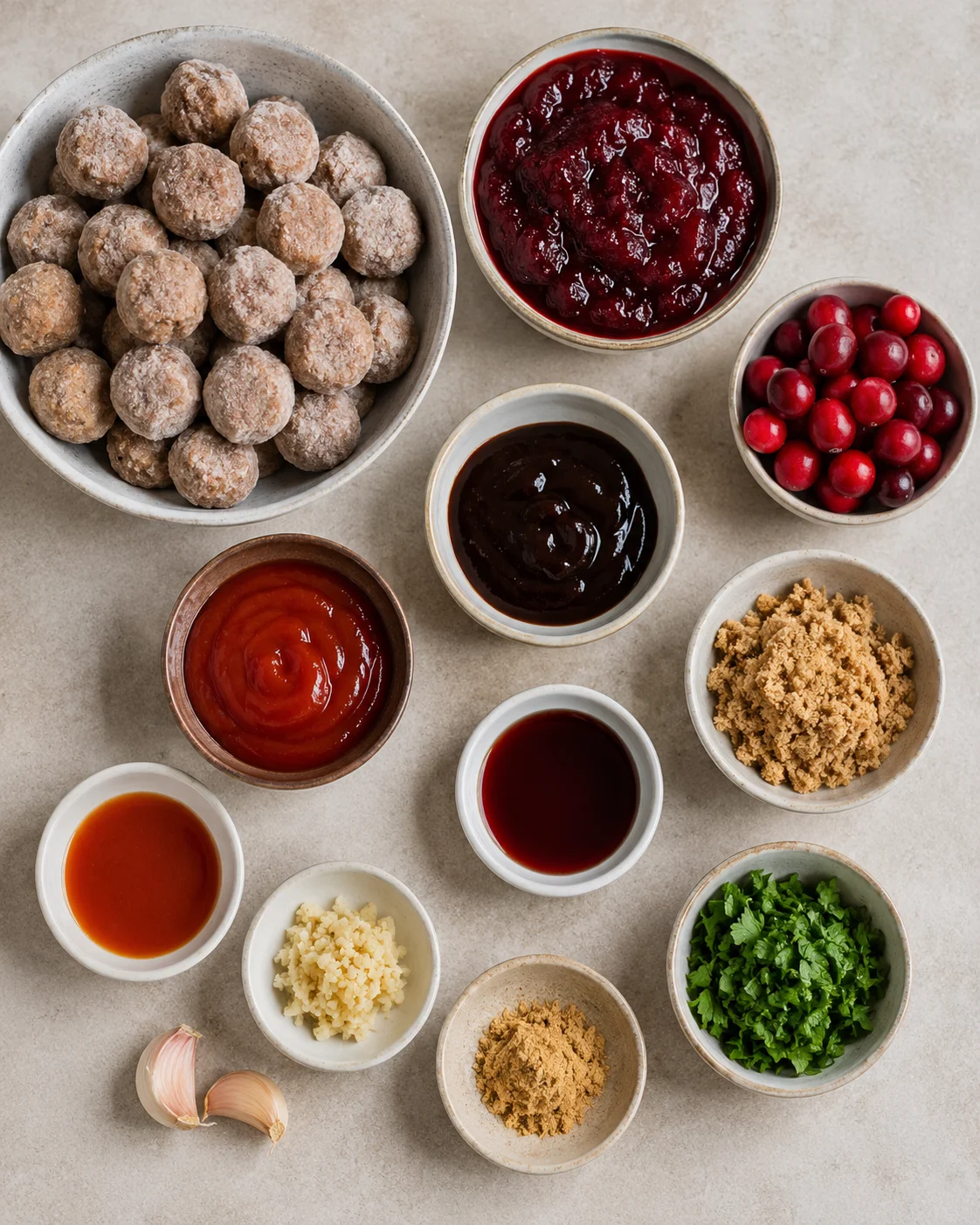 Top-down bowls of frozen meatballs, cranberry sauce, fresh cranberries and sauce ingredients