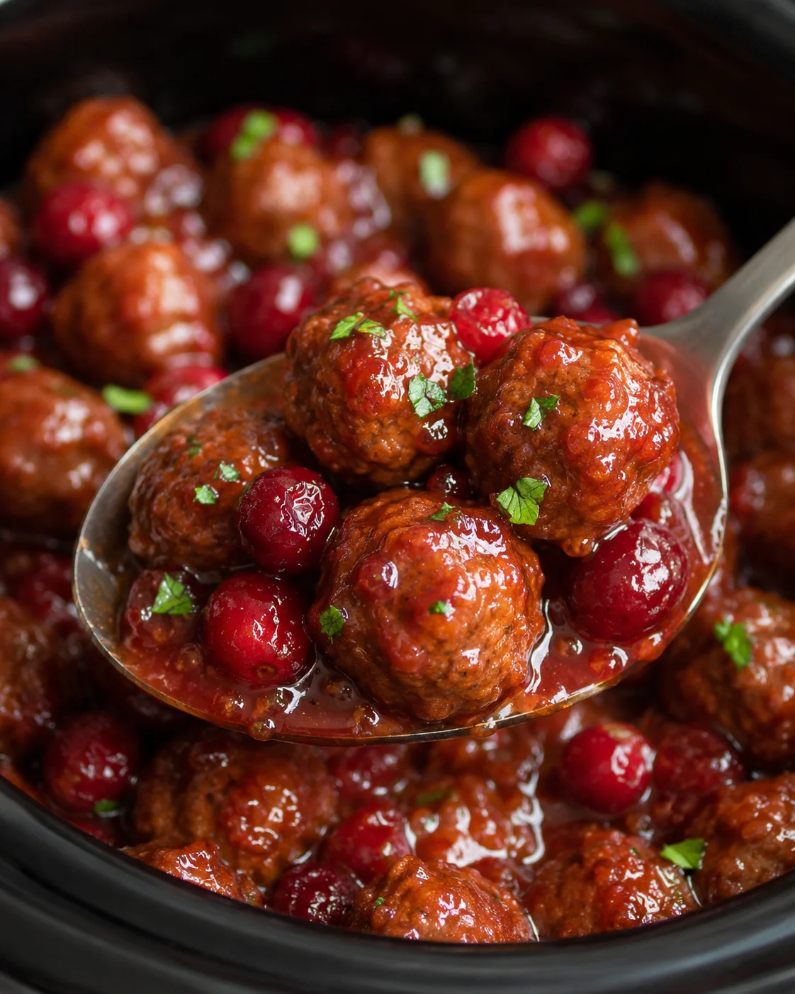 Spoon lifting three cranberry meatballs and cranberries from the slow cooker