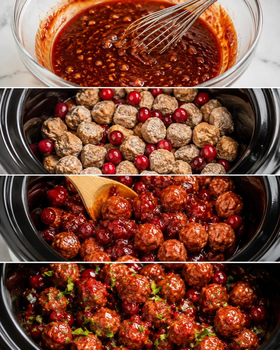 Collage showing sauce whisking, meatballs in slow cooker, stirring and finished meatballs