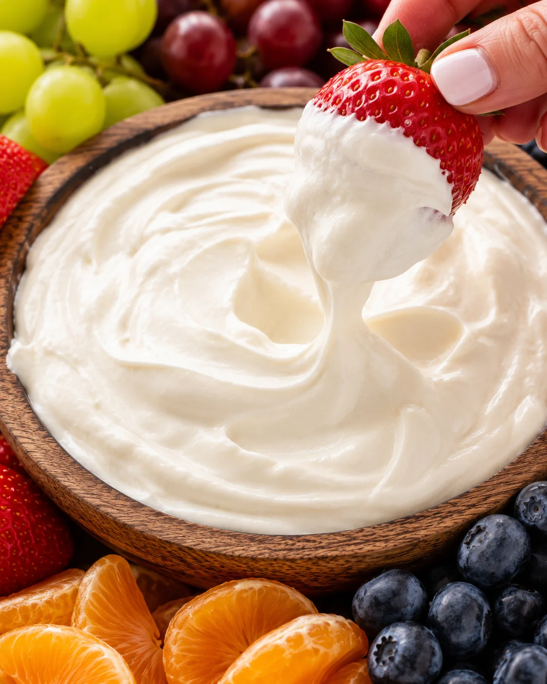 Close-up of strawberry coated in creamy cream cheese fruit dip showing thick texture