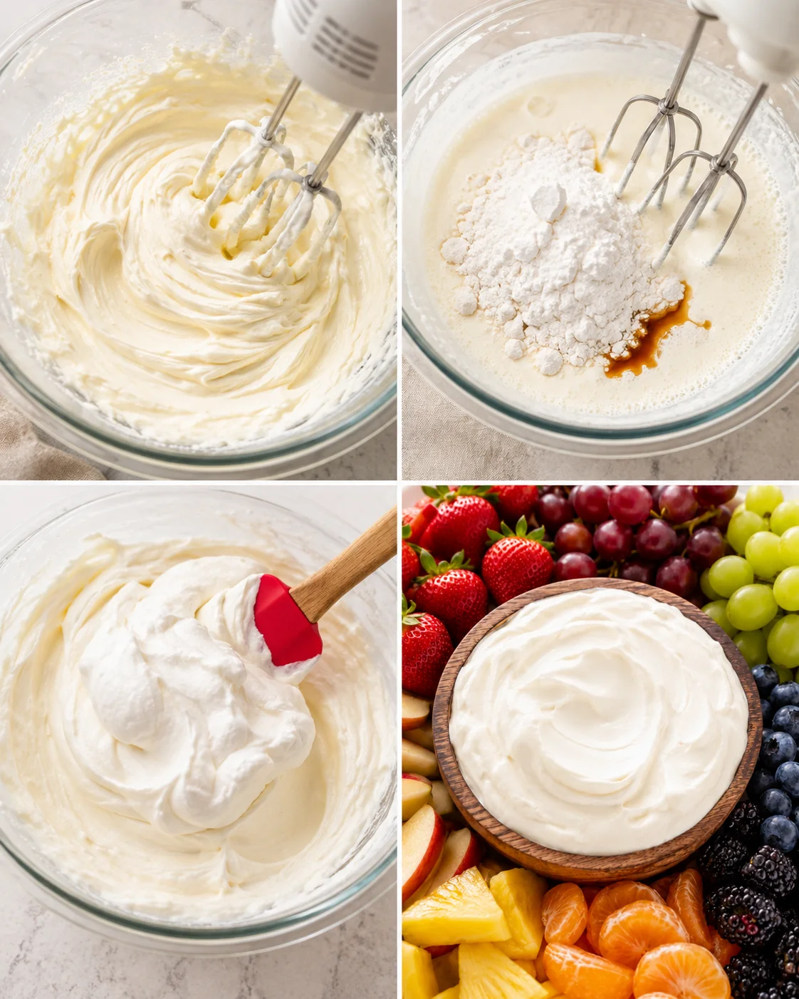Collage of mixing and folding steps showing a hand mixer, powdered sugar added, folding whipped cream and the finished dip