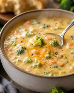 Bowl of creamy broccoli cheddar soup with a spoon and visible steam, topped with shredded cheddar