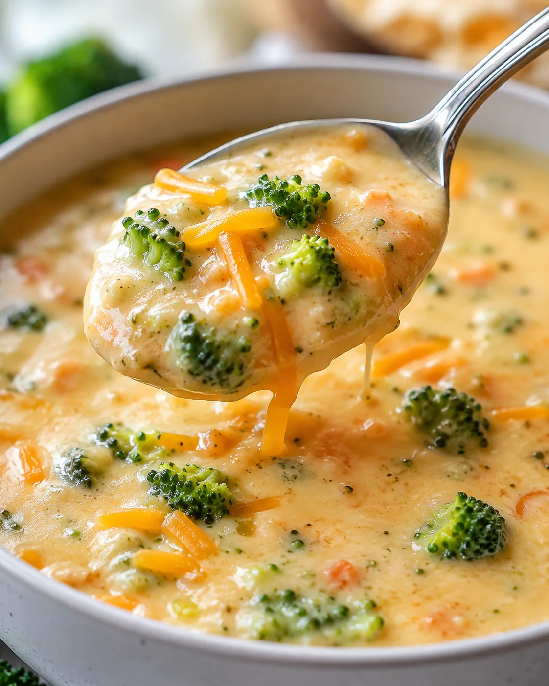 Spoonful of creamy broccoli cheddar soup with broccoli florets and melted cheddar dripping back into the bowl