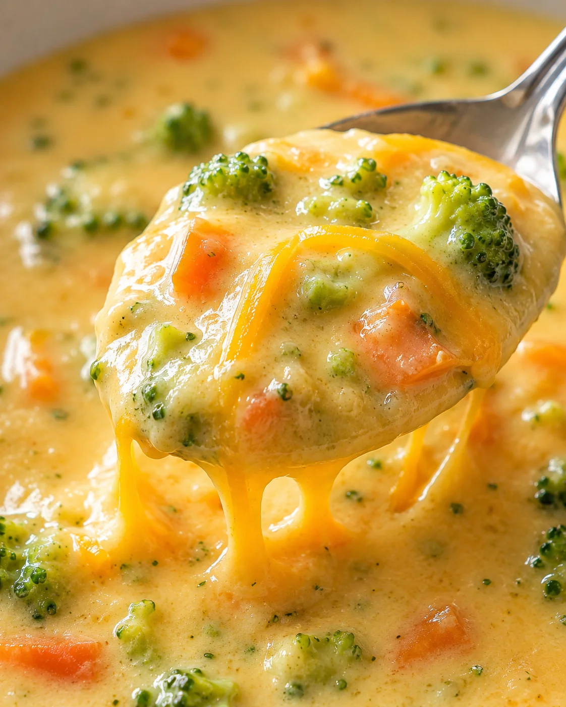 Close-up spoonful of broccoli cheddar soup showing creamy texture, broccoli bits, carrots, and melted cheddar strings