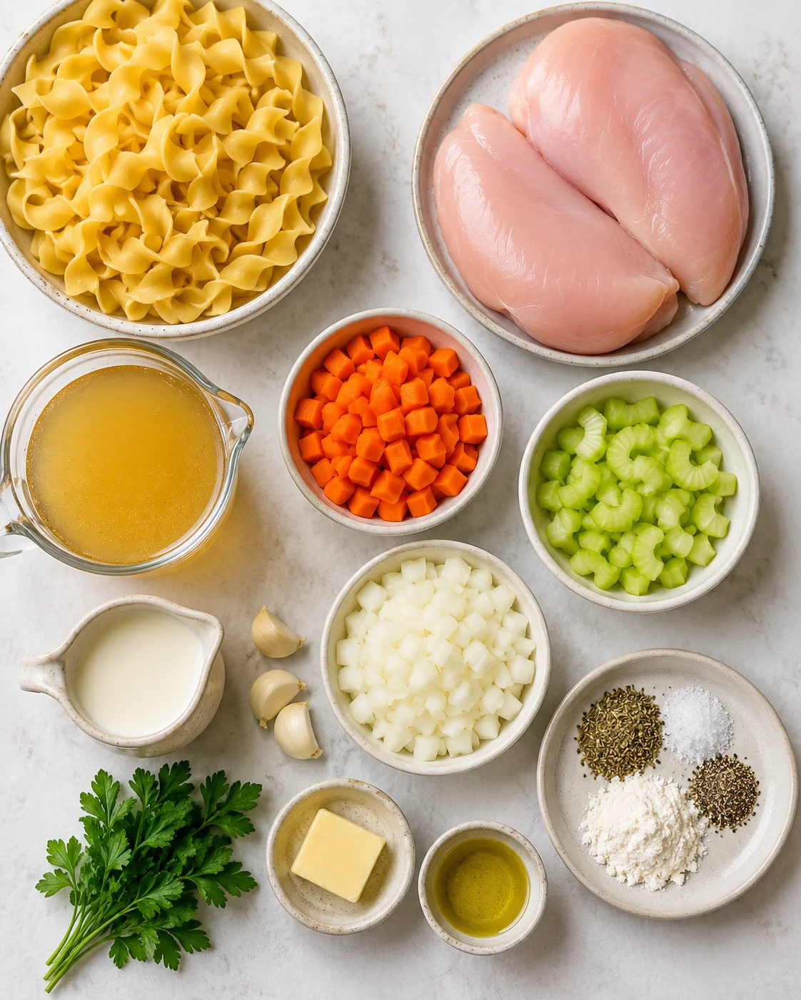 Top-down layout of ingredients for easy creamy chicken noodle soup including egg noodles, raw chicken breasts, broth, vegetables and seasonings