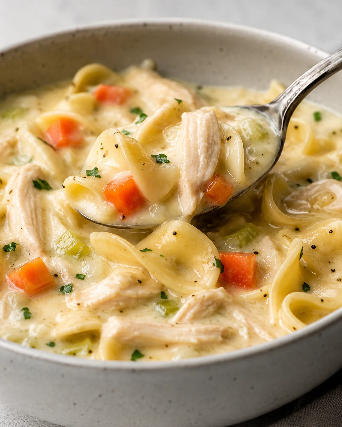 Spoonful of creamy chicken noodle soup lifted from a bowl showing noodles, chicken and vegetables