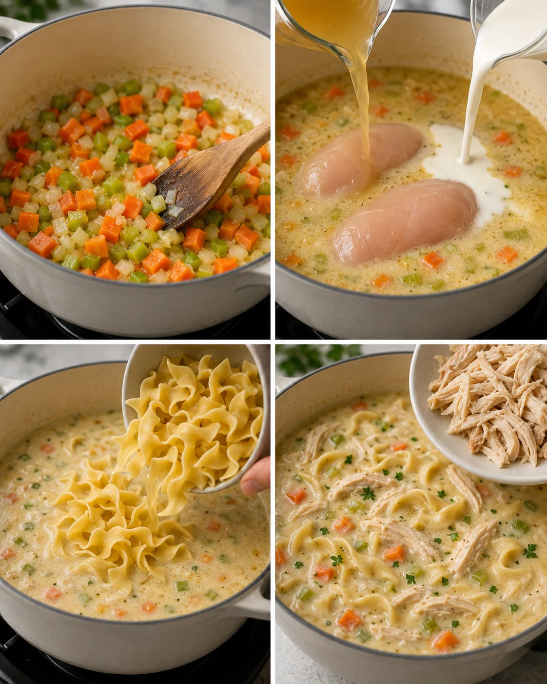 Collage of cooking steps showing sautéed vegetables, adding broth and cream to chicken, adding noodles, and stirring in shredded chicken