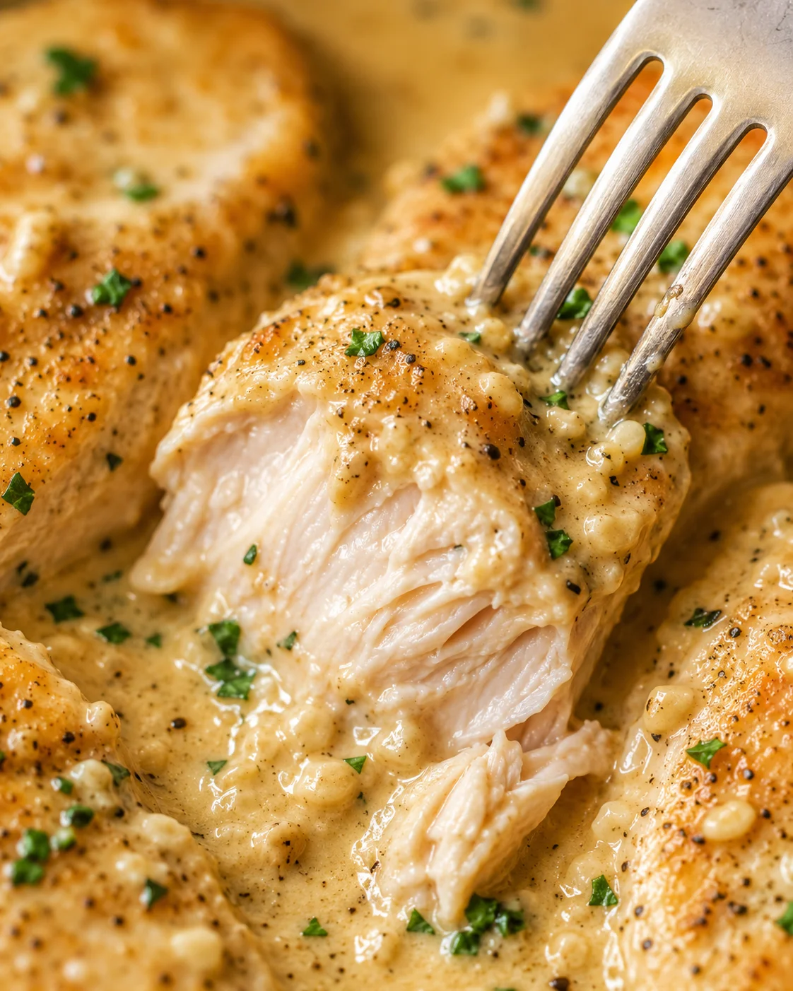 Fork lifting a bite of creamy garlic chicken showing the cooked interior
