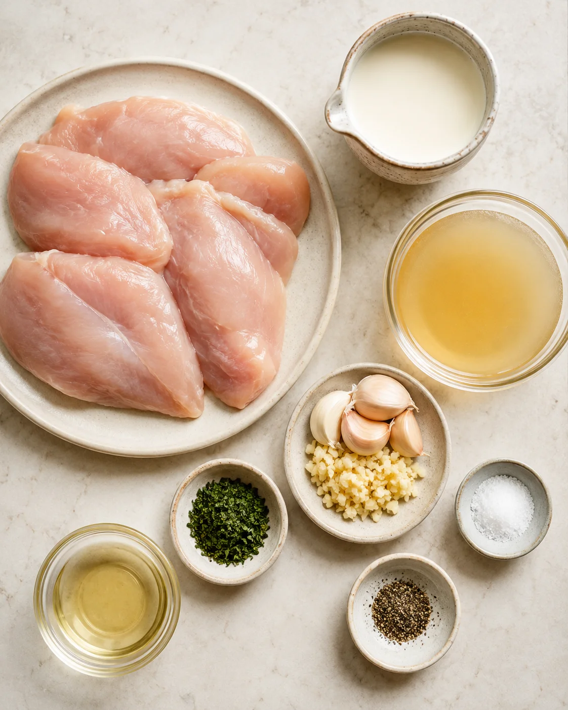 Top-down arrangement of raw chicken breasts, cream, chicken broth, garlic and seasonings