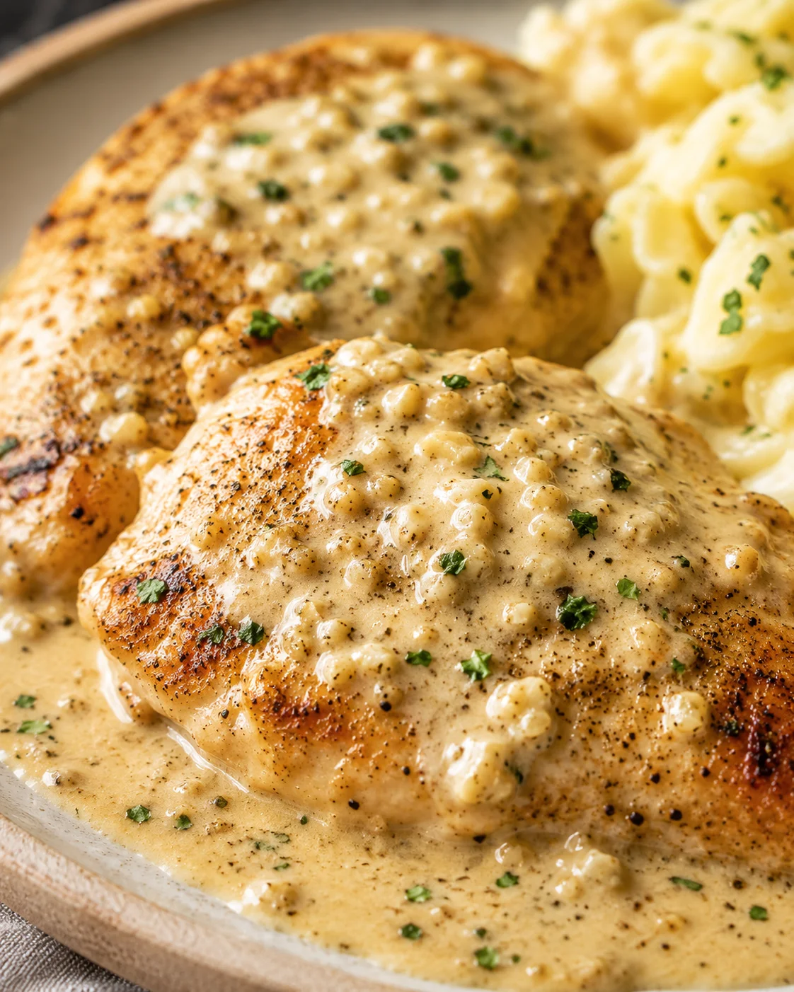 Plated creamy garlic chicken breasts topped with garlic cream sauce served with mashed potatoes