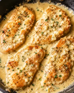 Creamy garlic chicken breasts simmering in a pan with cream sauce and parsley