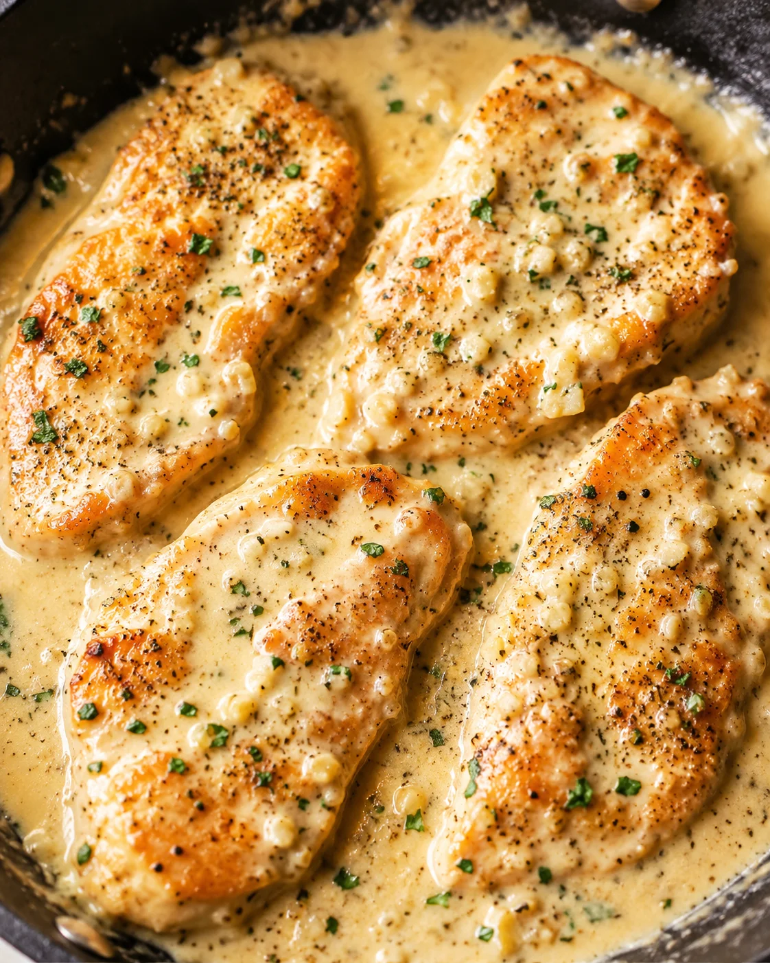 Creamy garlic chicken breasts simmering in a pan with cream sauce and parsley