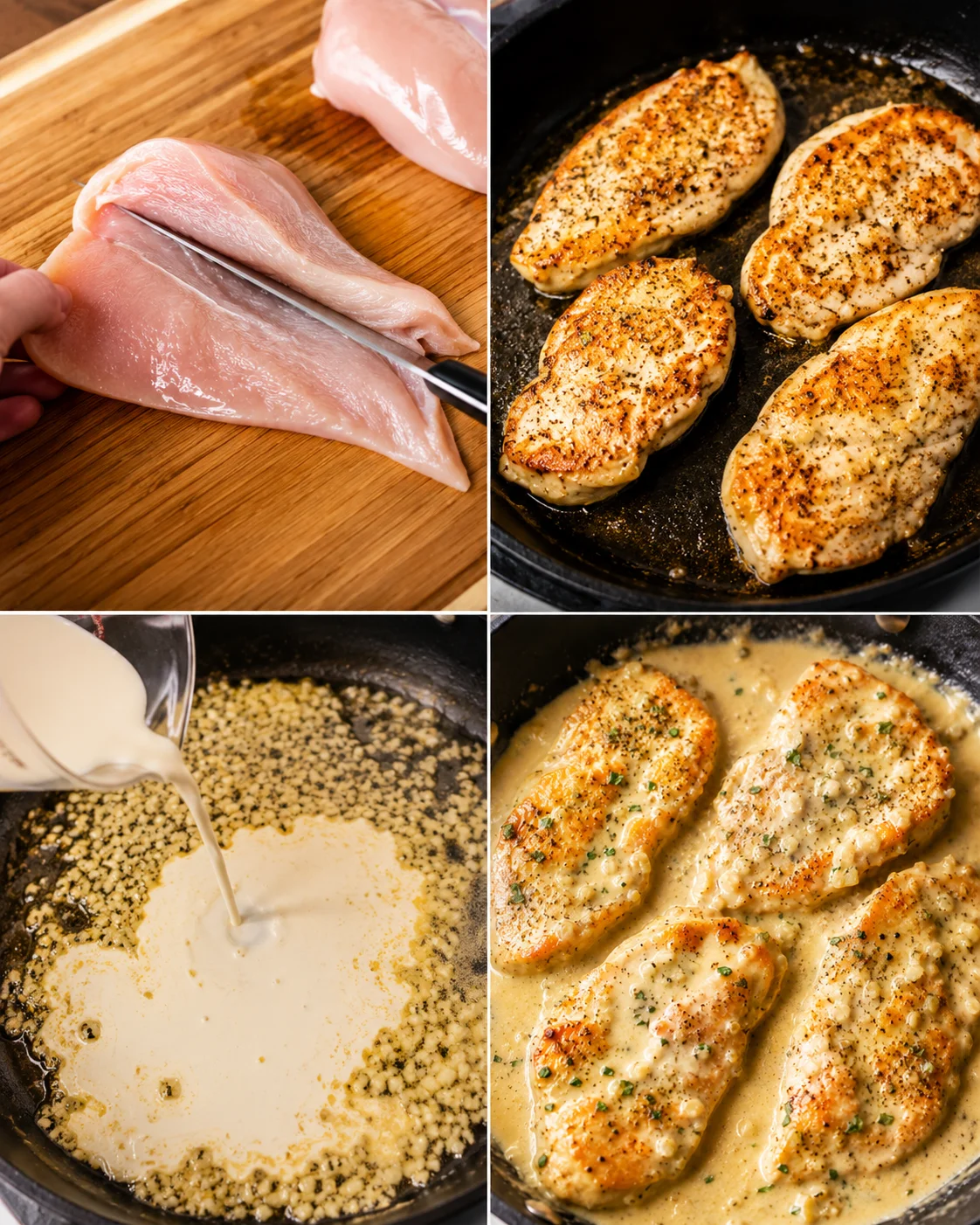 Four-panel collage showing slicing chicken, searing breasts, pouring cream, and finished chicken in skillet