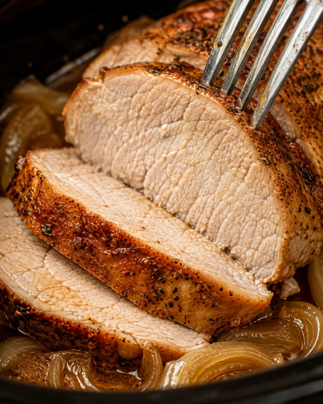 Close-up of a fork piercing a slice of crock pot pork loin showing the cooked interior