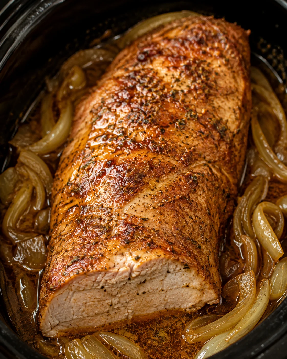 Crock pot pork loin cooked in a slow cooker with caramelized onions