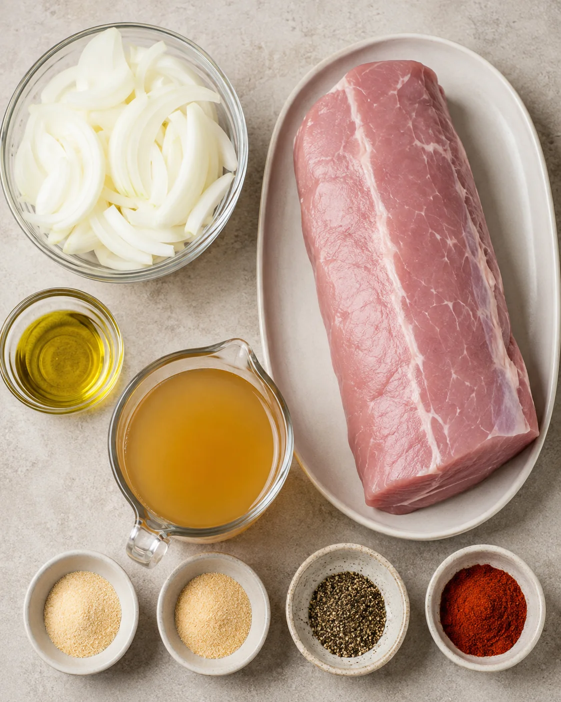 Top-down view of pork loin, sliced onions, broth and seasonings for crock pot pork loin