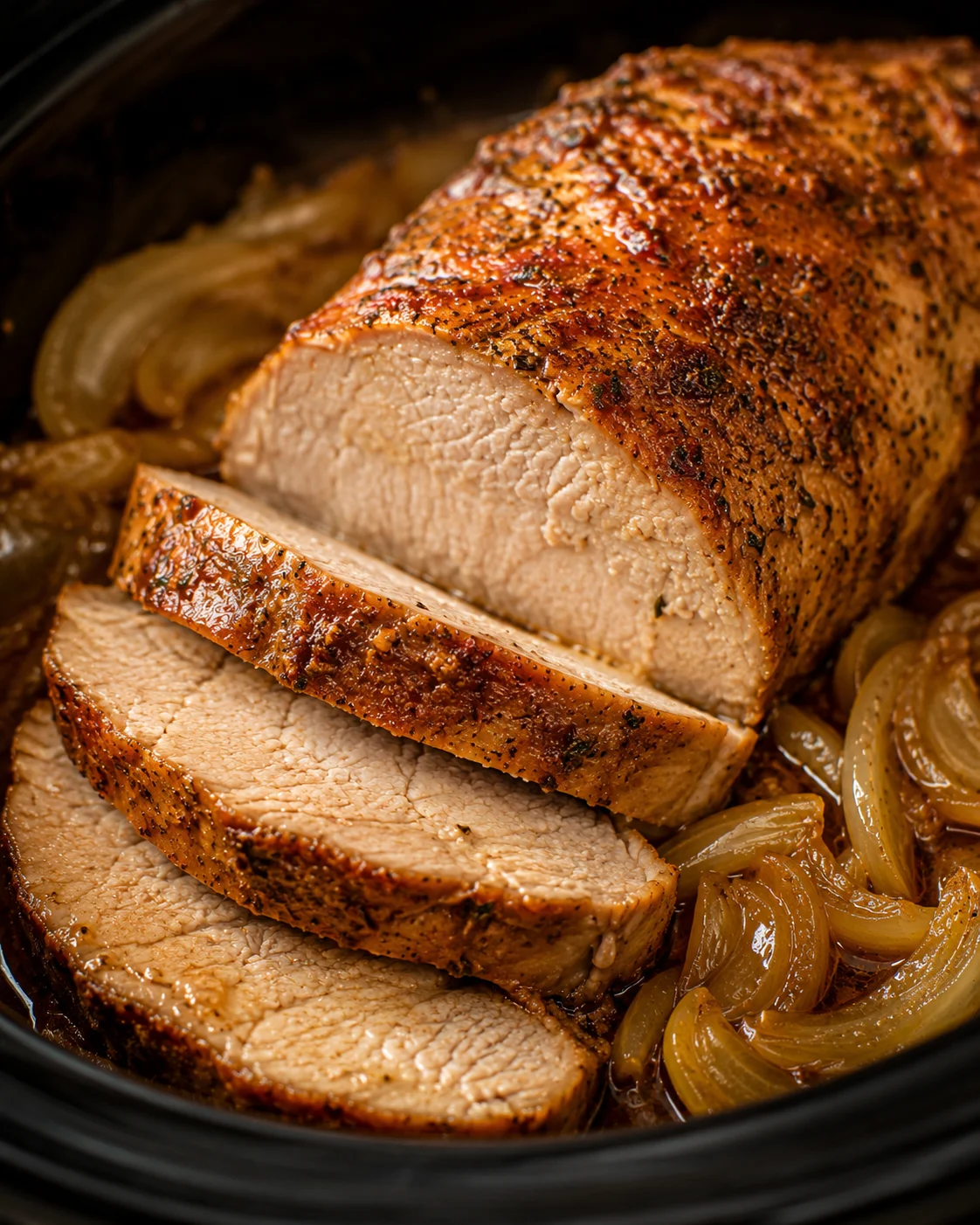 Sliced crock pot pork loin with onions in the slow cooker