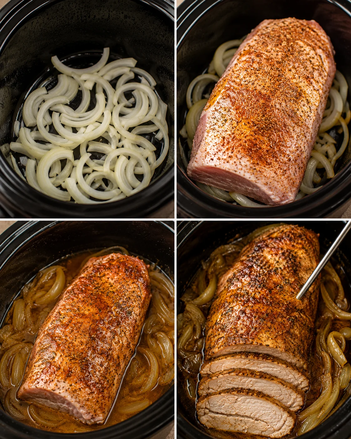Four-panel collage showing onions in the crock pot, seasoned pork placed on top, cooked roast, and sliced finished pork