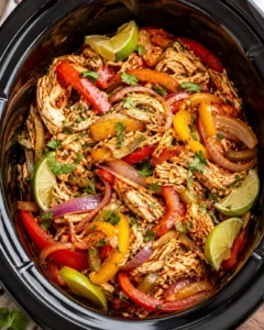 Slow cooker filled with shredded crockpot chicken breasts, bell peppers, red onion and lime wedges