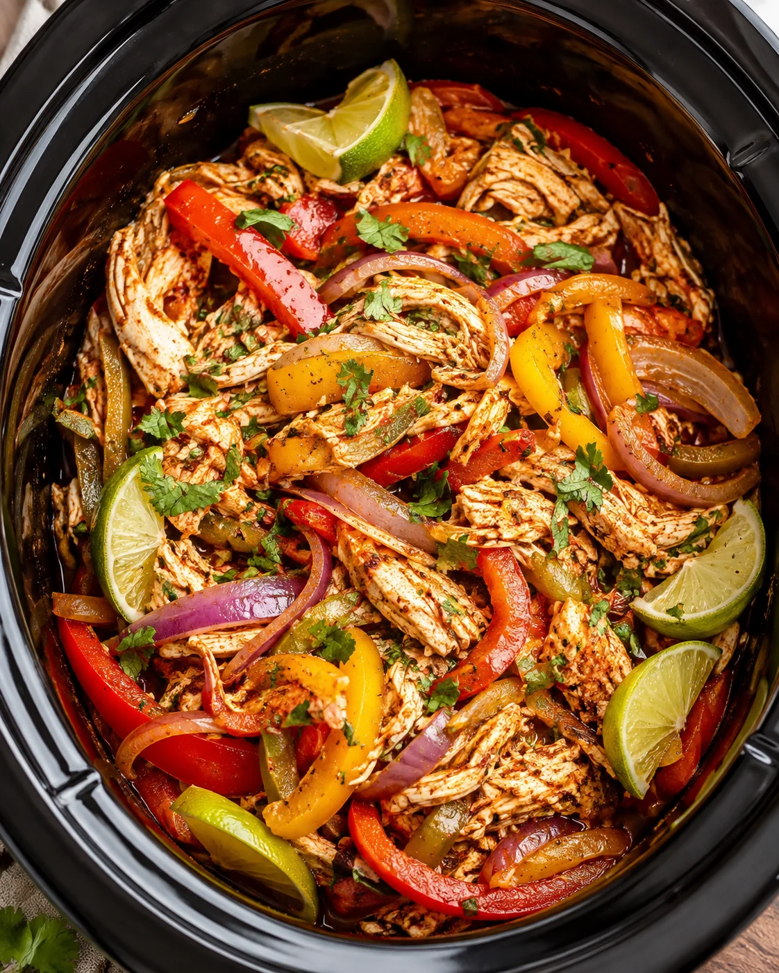 Slow cooker filled with shredded crockpot chicken breasts, bell peppers, red onion and lime wedges