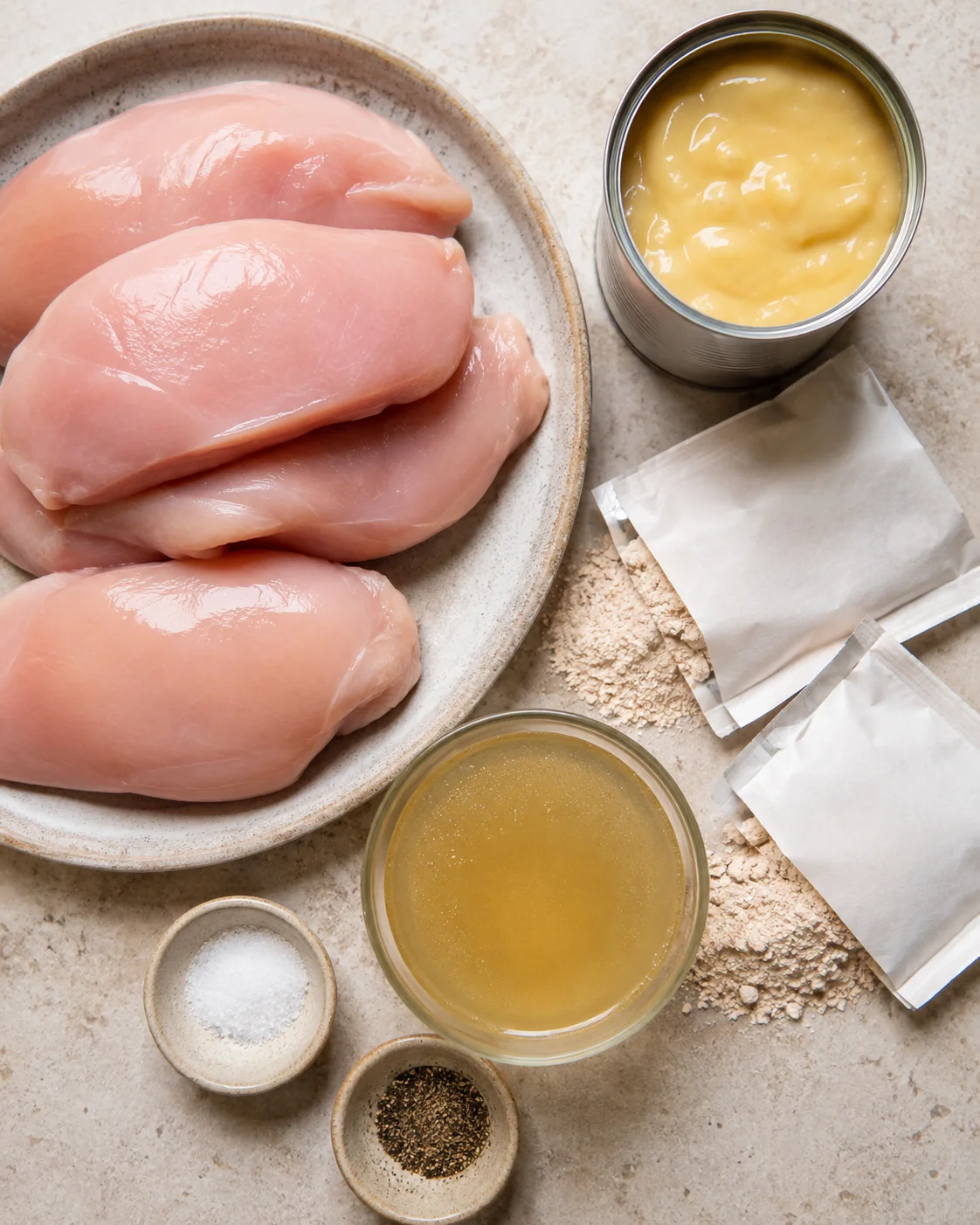 Top-down view of raw chicken breasts, can of cream soup, gravy mix packets, broth and seasonings arranged on a surface