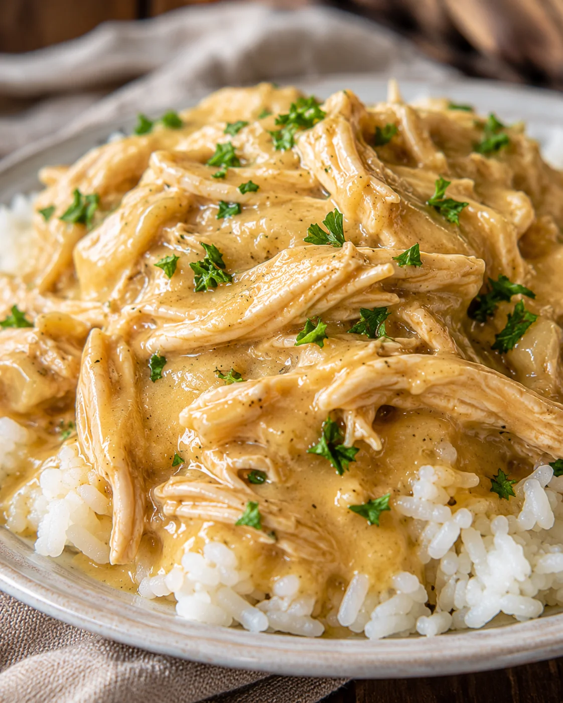 Crockpot chicken and gravy served over white rice on a plate, garnished with parsley