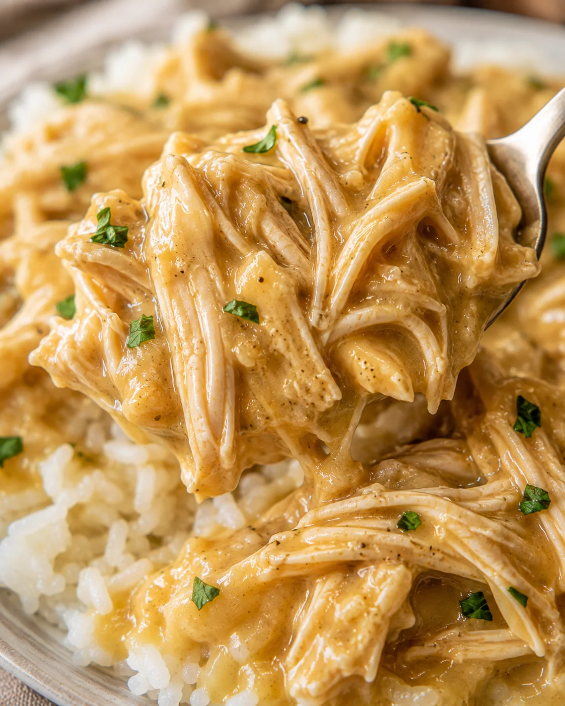 Fork lifting a spoonful of shredded crockpot chicken and gravy over rice