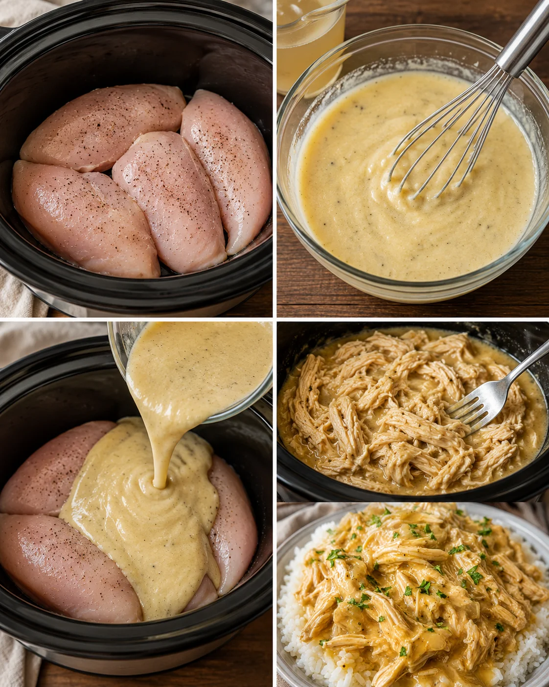 Collage showing raw seasoned chicken in slow cooker, whisked gravy, pouring the sauce, shredded chicken and plated serving