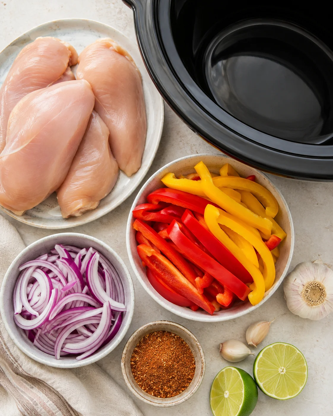 Top-down view of ingredients for crockpot chicken breasts: raw chicken, sliced peppers, red onion, spices and a slow cooker