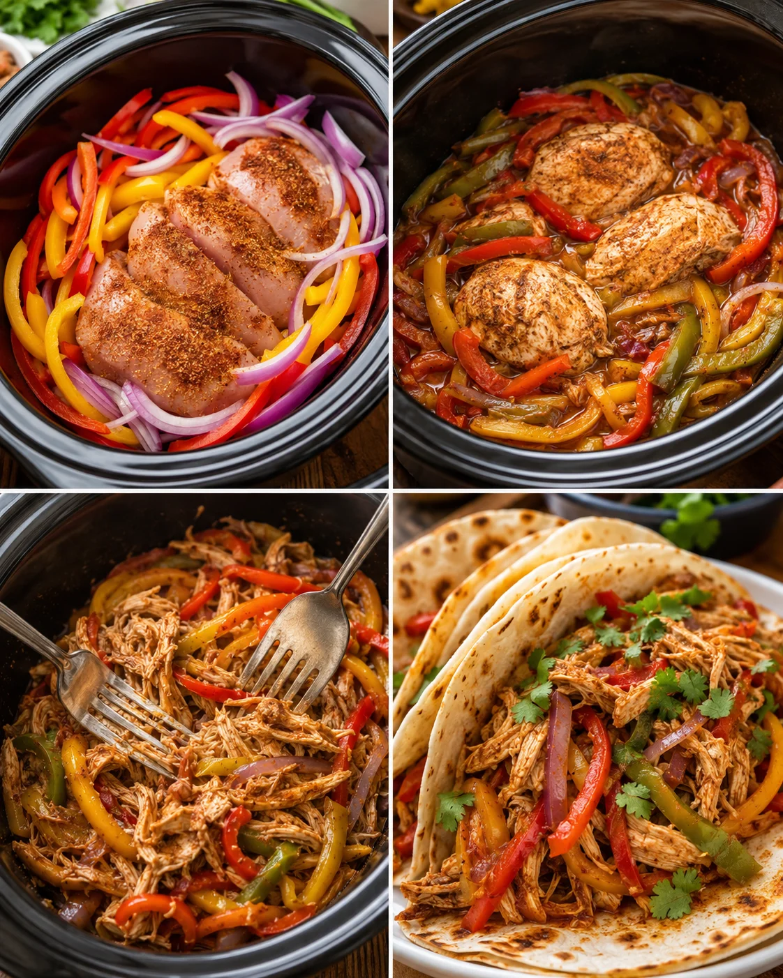 Four-photo collage showing seasoning raw chicken in a slow cooker, cooked breasts, shredding with forks, and tacos being assembled
