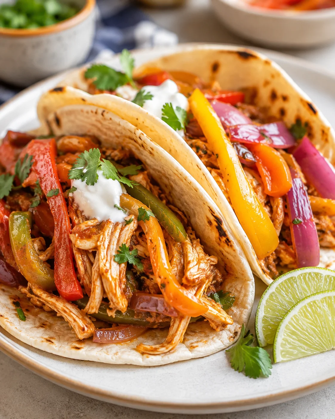 Two tortillas filled with shredded crockpot chicken, sautéed peppers, red onion and a dollop of sour cream with lime slices