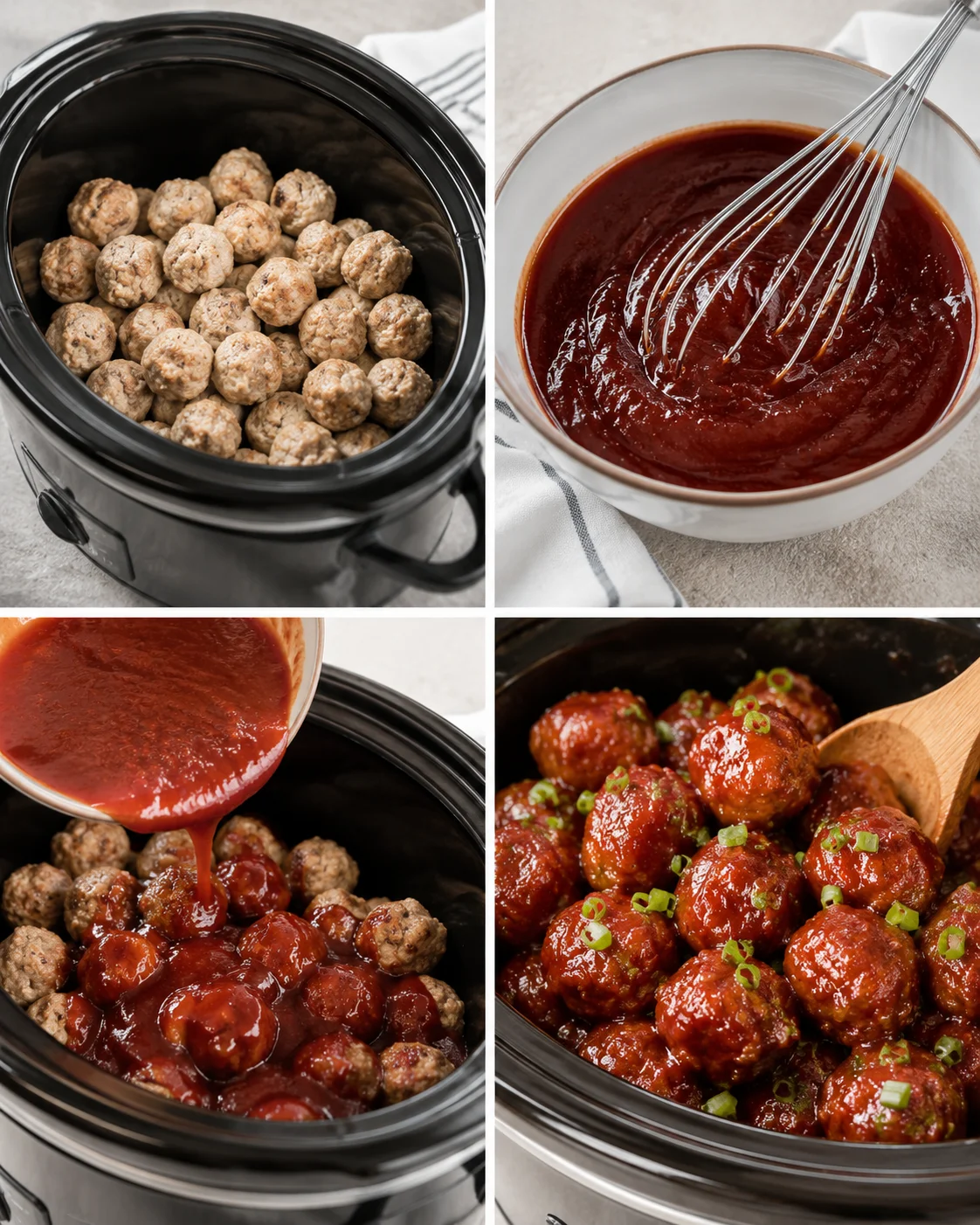 Four-panel process image showing meatballs in the slow cooker, whisking sauce, pouring sauce, and finished glazed crockpot meatballs