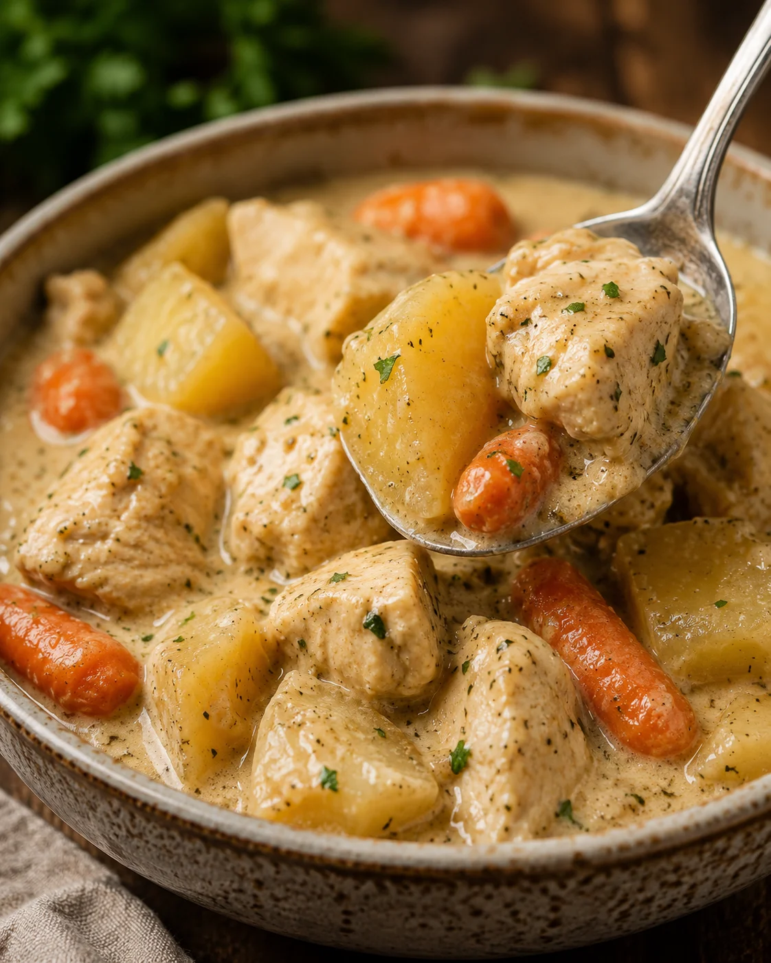 Spoon lifting a bite of Crockpot Creamy Ranch Chicken with potato and carrot from a bowl