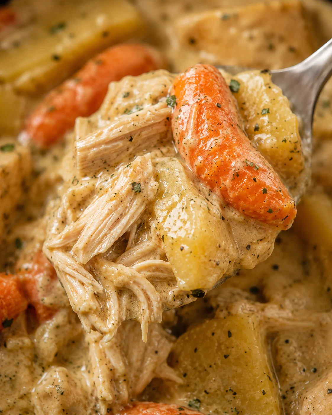 Close-up of shredded Crockpot Creamy Ranch Chicken with potato and carrot on a spoon