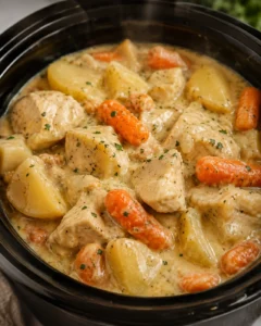 Creamy ranch chicken with potatoes and baby carrots in a crockpot