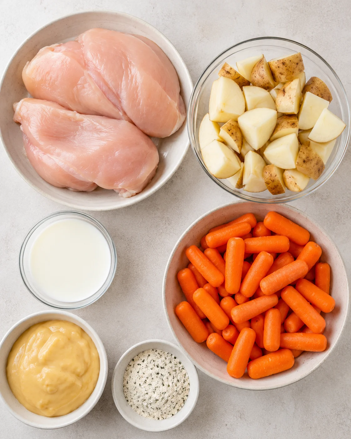 Top-down view of raw chicken breasts, cubed potatoes, baby carrots, milk, cream soup and ranch mix for Crockpot Creamy Ranch Chicken