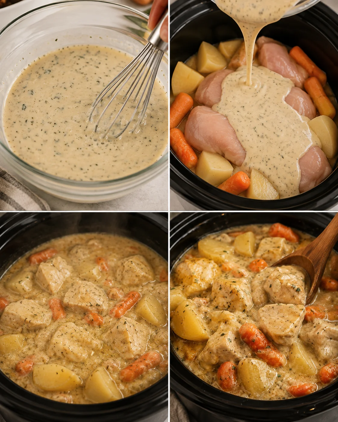 Collage showing whisked ranch sauce, pouring sauce over chicken and vegetables in a slow cooker, and the cooked stew in the crockpot