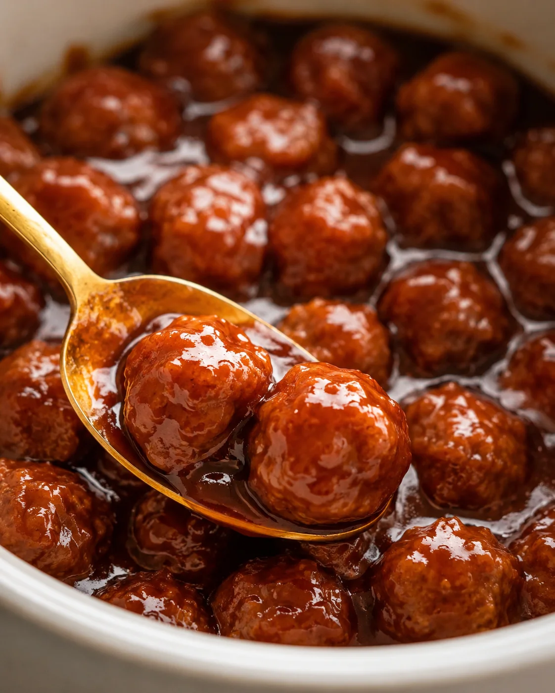Two glossy crockpot grape jelly and BBQ meatballs on a gold spoon over a pot of saucy meatballs