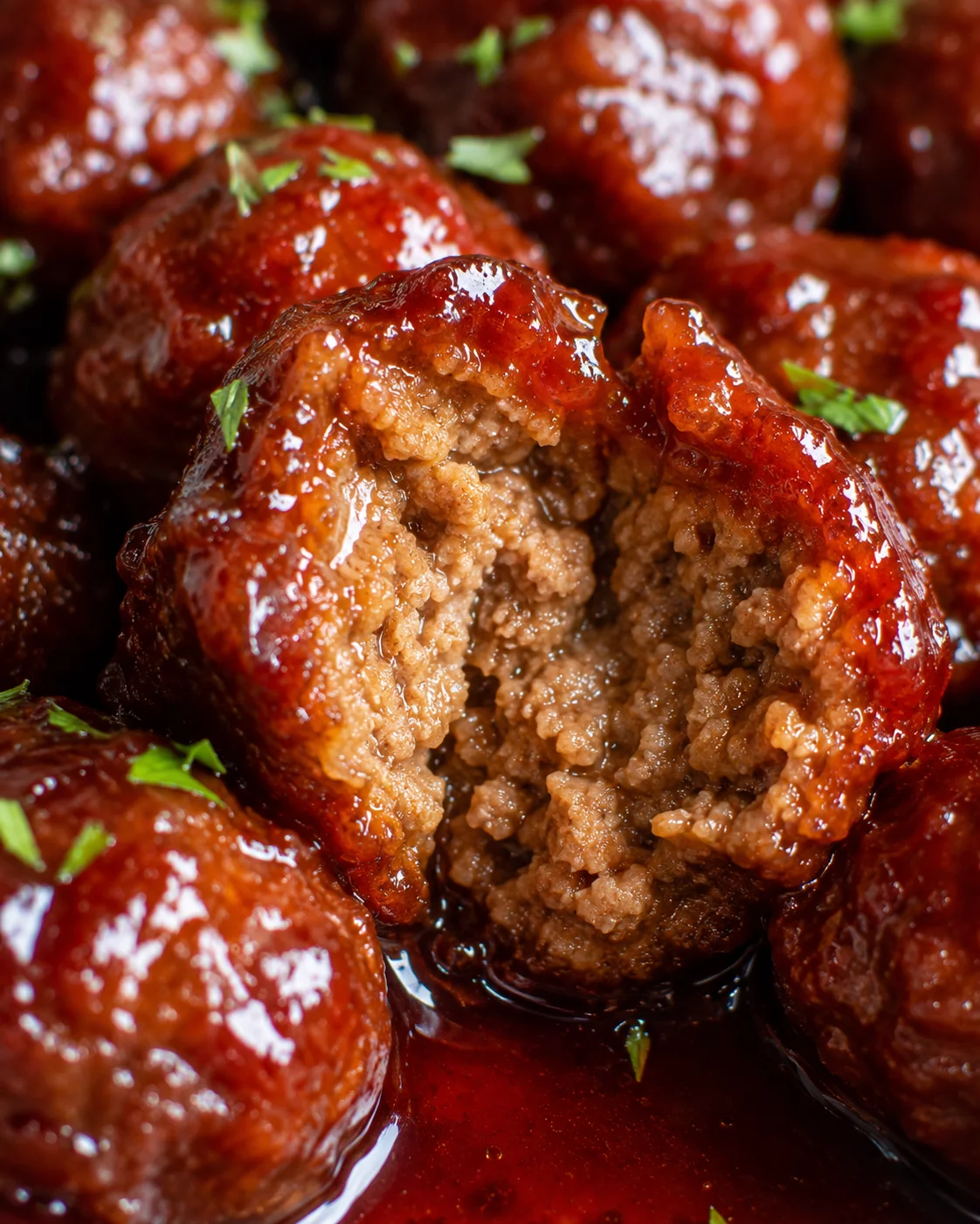 Close-up of a halved crockpot meatball showing the cooked interior and grape jelly glaze