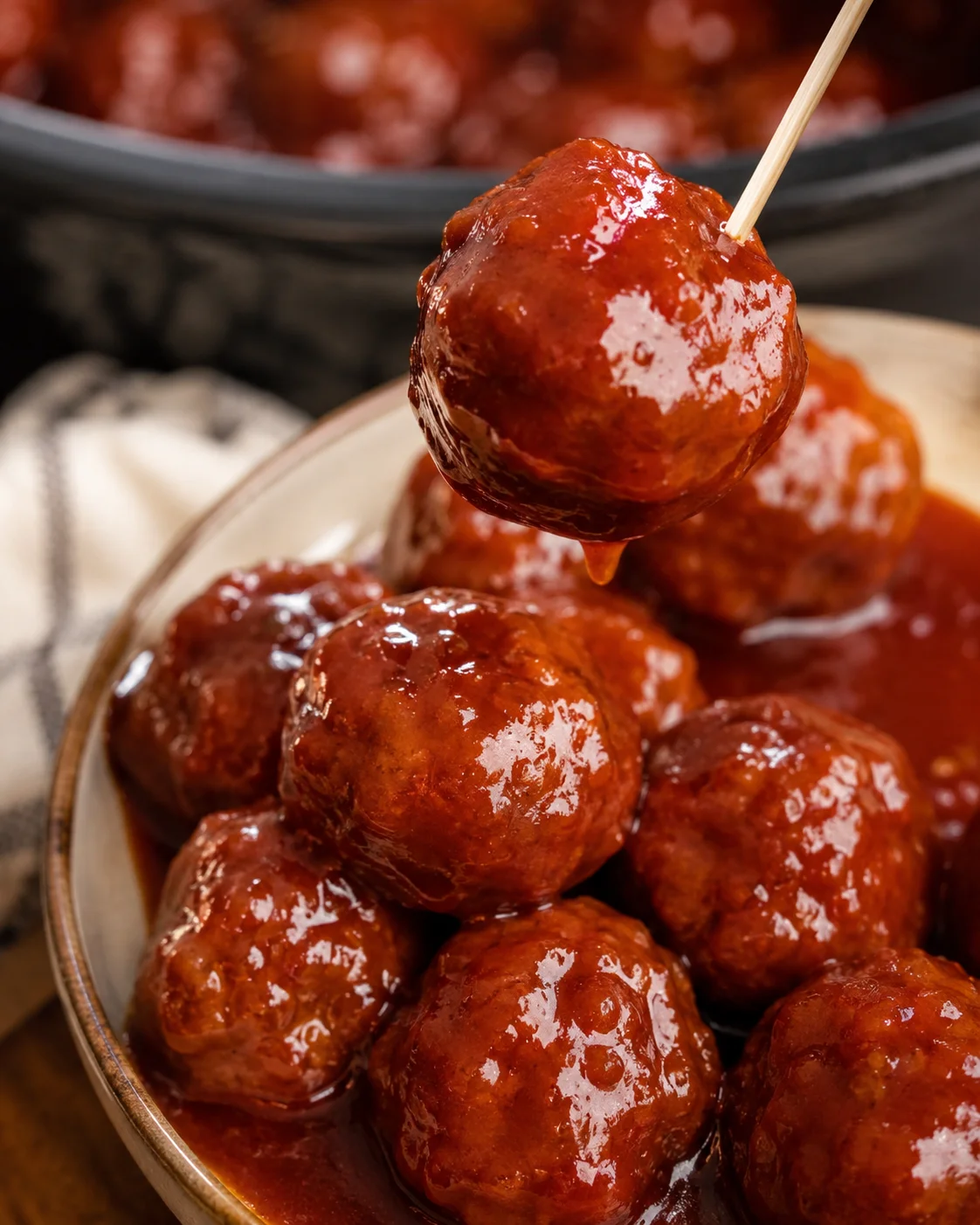 A single saucy crockpot grape jelly and BBQ meatball lifted on a wooden toothpick above a bowl of meatballs