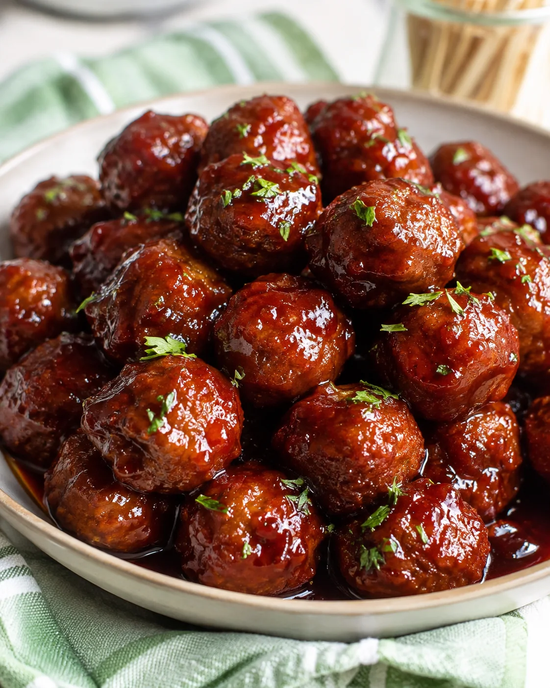 Bowl of crockpot meatballs glazed in grape jelly sauce garnished with parsley