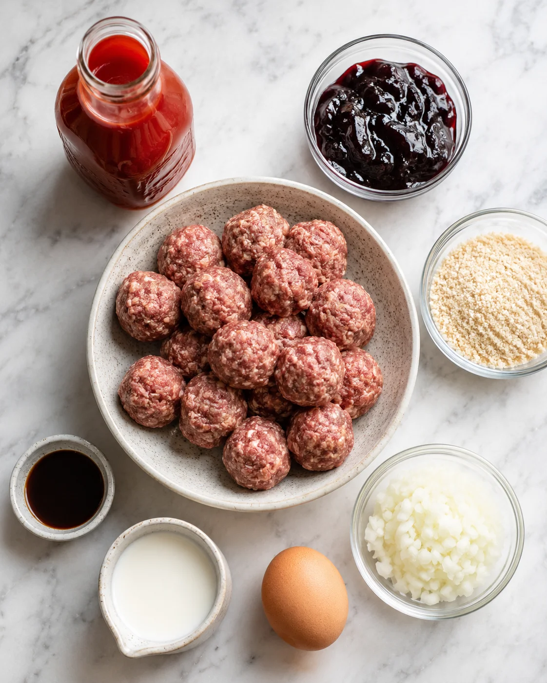 Top-down arrangement of ingredients for crockpot meatballs including raw meatballs, grape jelly, chili sauce, breadcrumbs, egg, milk and chopped onion