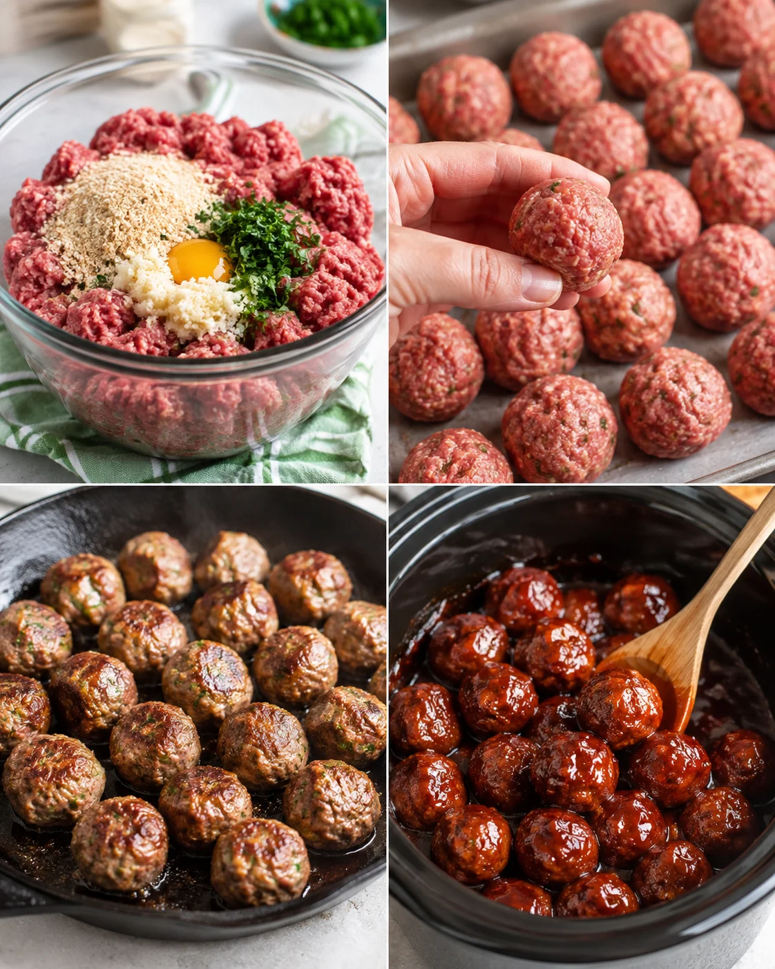 Four-panel collage showing mixing, forming, searing and crockpot cooking steps for crockpot meatballs