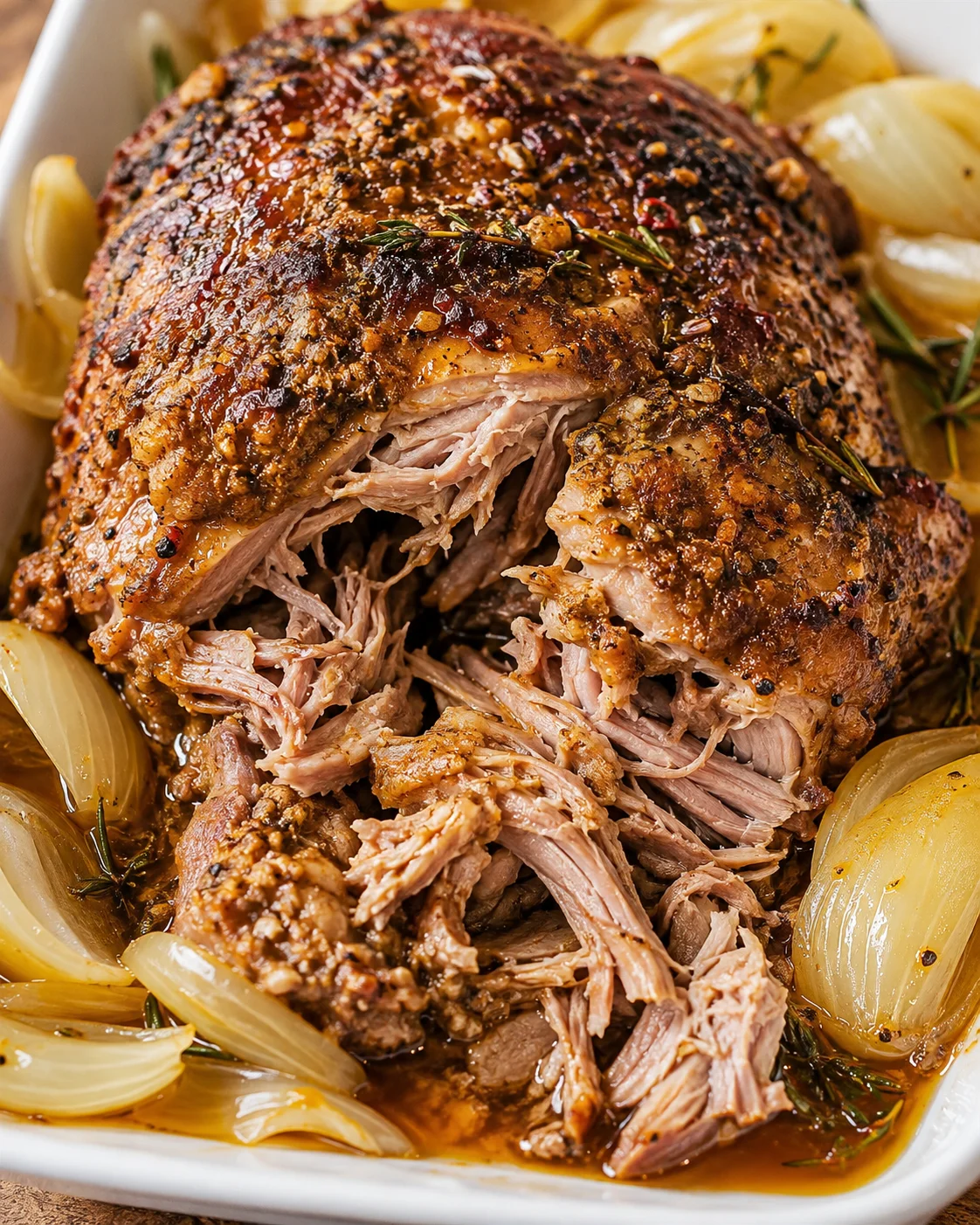 Close-up of shredded crockpot pork roast with onions and pan juices