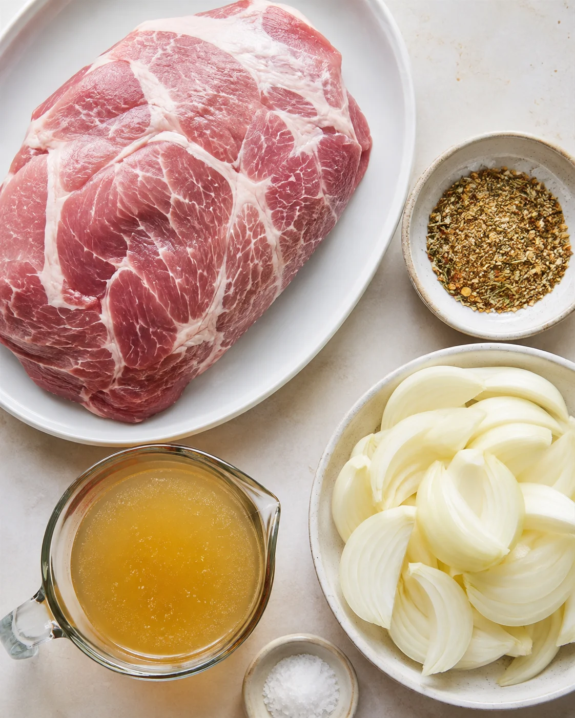 Top-down view of pork shoulder, sliced onions, seasoning and broth