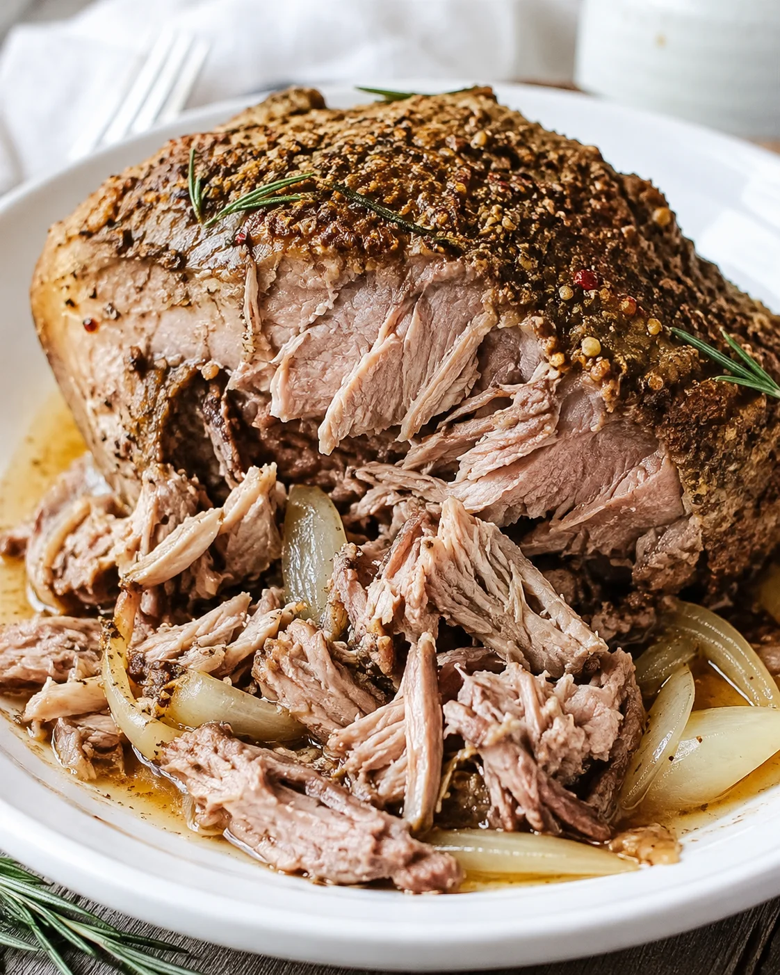 Plated crockpot pork roast with shredded pieces and onions