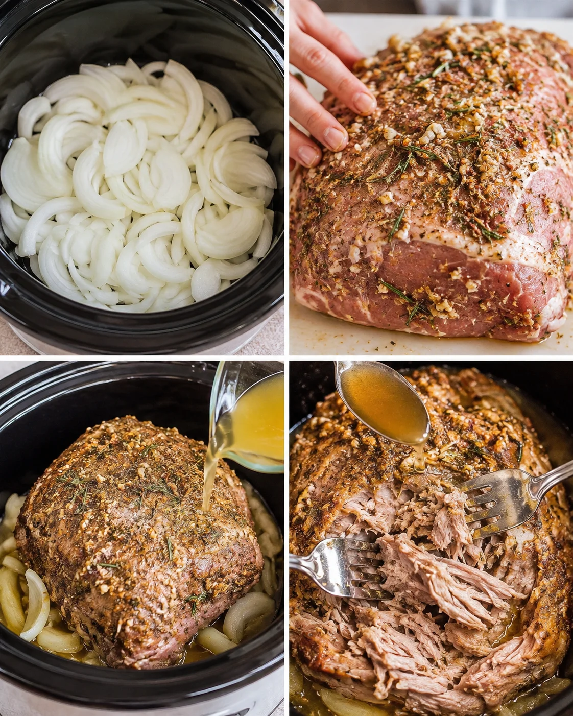 Collage showing onions in slow cooker, seasoned roast, adding broth, and shredding pork