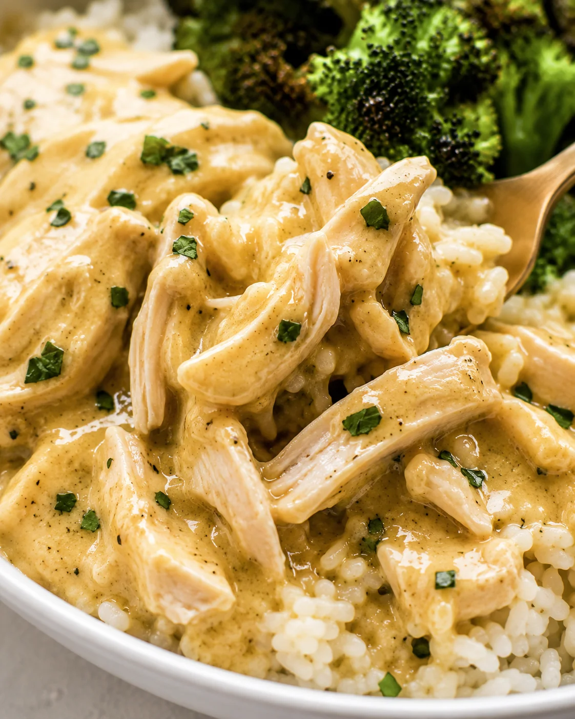 Close-up detail of pulled chicken coated in creamy ranch sauce on rice