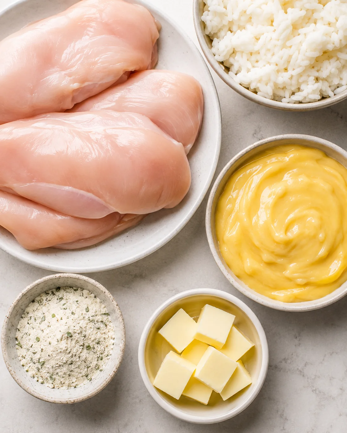 Top-down view of ingredients for crockpot ranch chicken: raw chicken breasts, cream of chicken soup, ranch mix, butter, and cooked rice